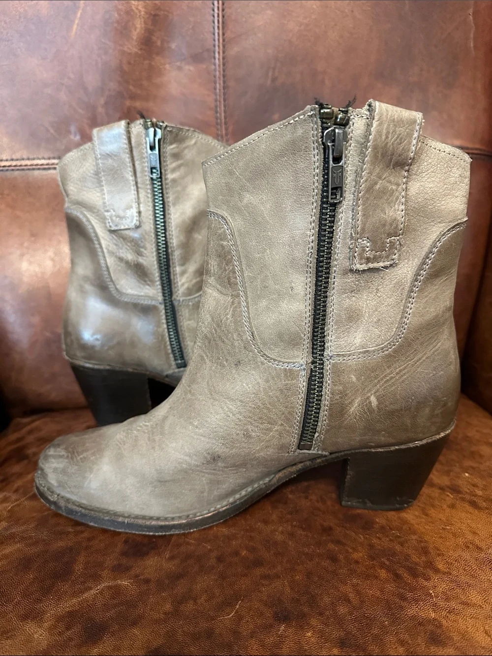 Frye Taupe Leather Ankle Booties with Side Zip